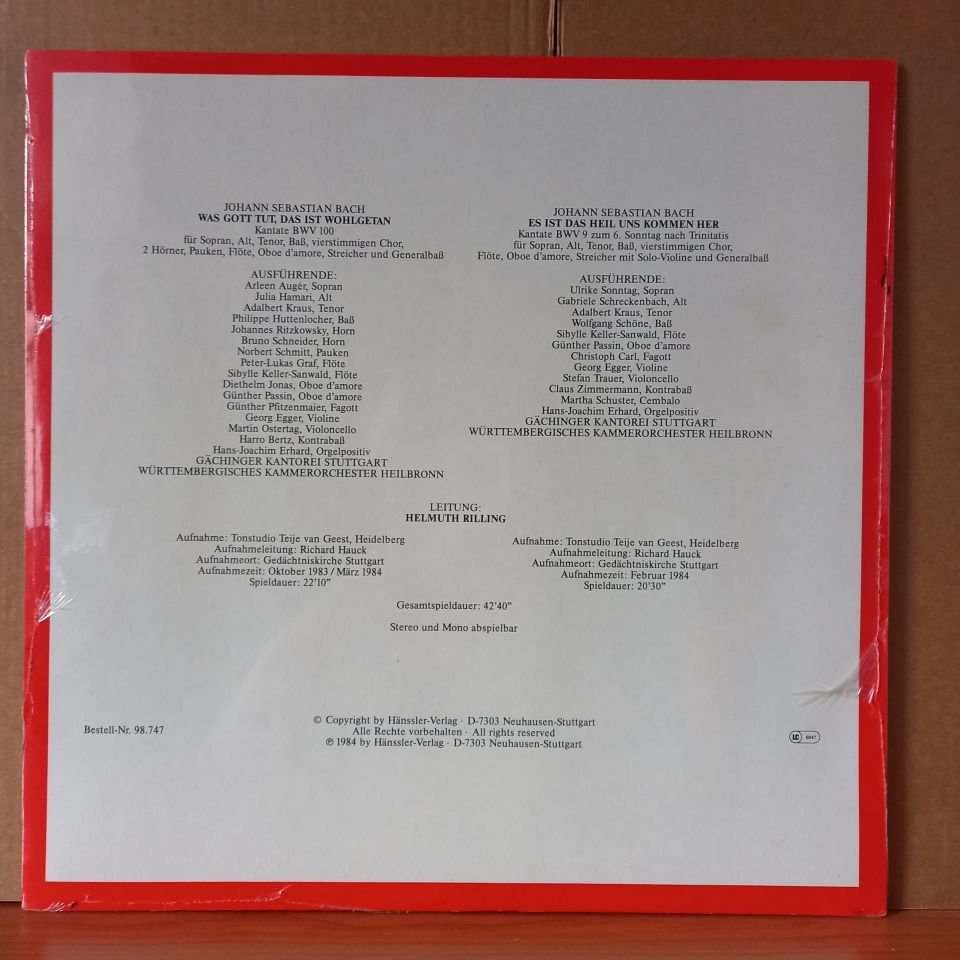 BACH: DIE BACH KANTATE / BWV 100 WAS GOTT TUT, DAS IST WOHLGETAN / BWV 9 ES IST DAS HEIL UNS KOMMEN HER / BACH-ENSEMBLE HELMUTH RILLING (1984) - LP DÖNEM BASKISI SIFIR PLAK