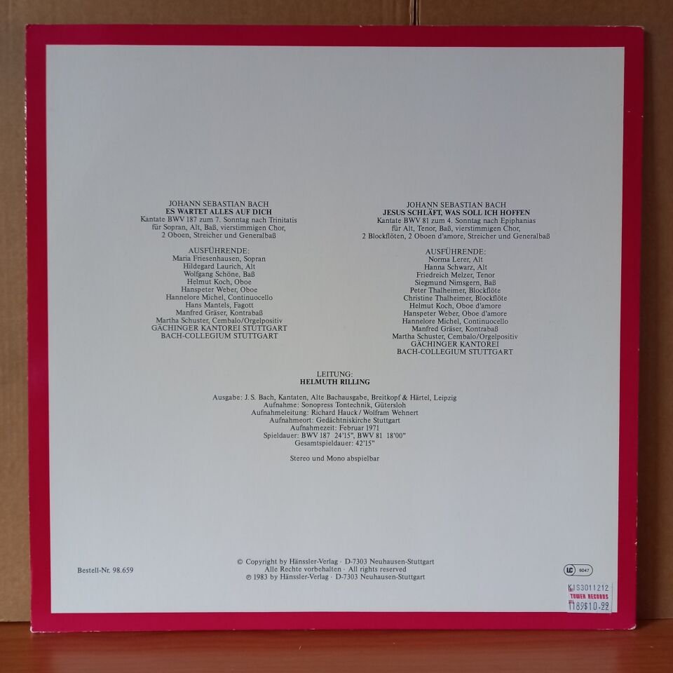 BACH: DIE BACH KANTATE / BWV 187, ES WARTET ALLES AUF DICH / BWV 81 JESUS SCHLAFT, WAS SOLL ICH HOFFEN / BACH-ENSEMBLE HELMUTH RILLING (1984) - LP 2.EL PLAK