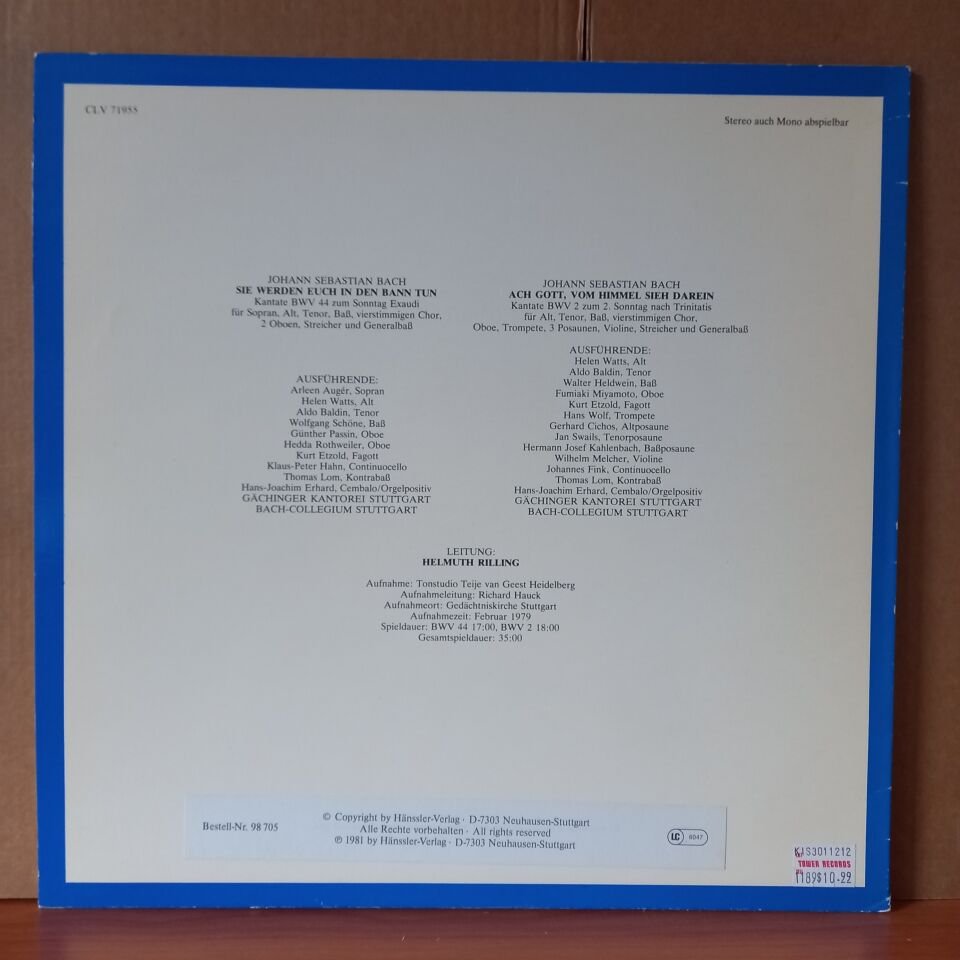 BACH: DIE BACH KANTATE / BWV 44 SIE WERDEN EUCH IN DEN BANN TUN / BWV 2 ACH GOTT, VOM HIMMEL SIEH DAREIN / BACH-ENSEMBLE HELMUTH RILLING (1981) - LP 2.EL PLAK