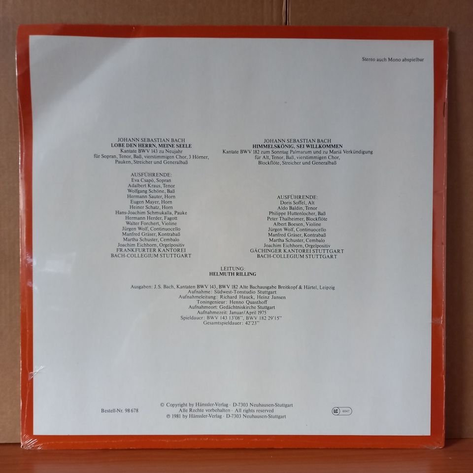 BACH: DIE BACH KANTATE / BWV 143 LOBE DEN HERRN, MEINE SEELE / BWV 182 HIMMELSKÖNIG, SEI WILLKOMMEN / BACH-ENSEMBLE HELMUTH RILLING - LP DÖNEM BASKISI SIFIR PLAK