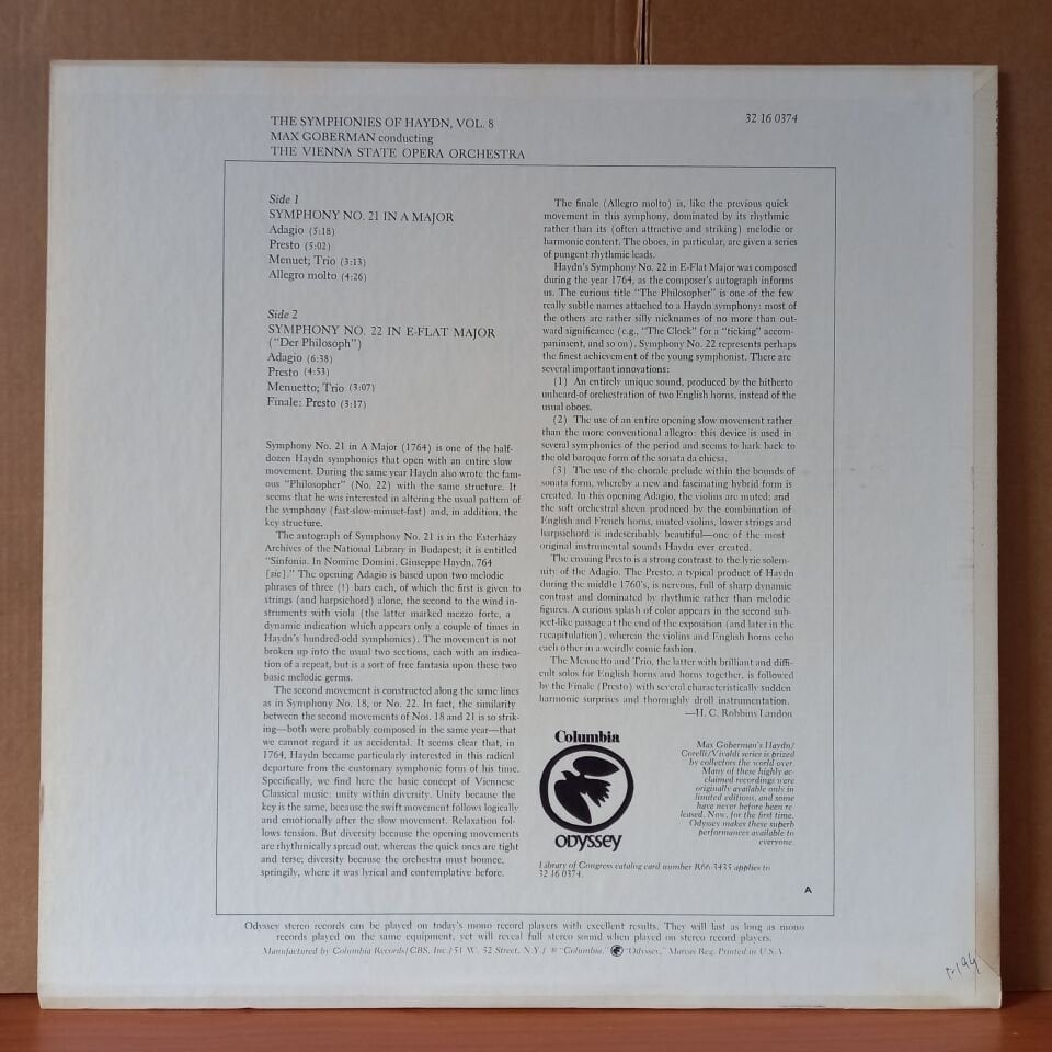 THE SYMPHONIES OF HAYDN VOL. 8 / SYMPHONY NO. 21 IN A MAJOR / SYMPHONY NO. 22 IN E-FLAT MAJOR / MAX GOBERMAN, THE VIENNA STATE OPERA ORCHESTRA - LP 2.EL PLAK