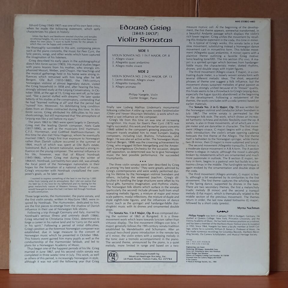 EDVARD GRIEG: VIOLIN SONATAS NOS. 1 AND 2 / PHILIP NAEGELE, GÜNTER KRIEGER (1981) - LP 2.EL PLAK