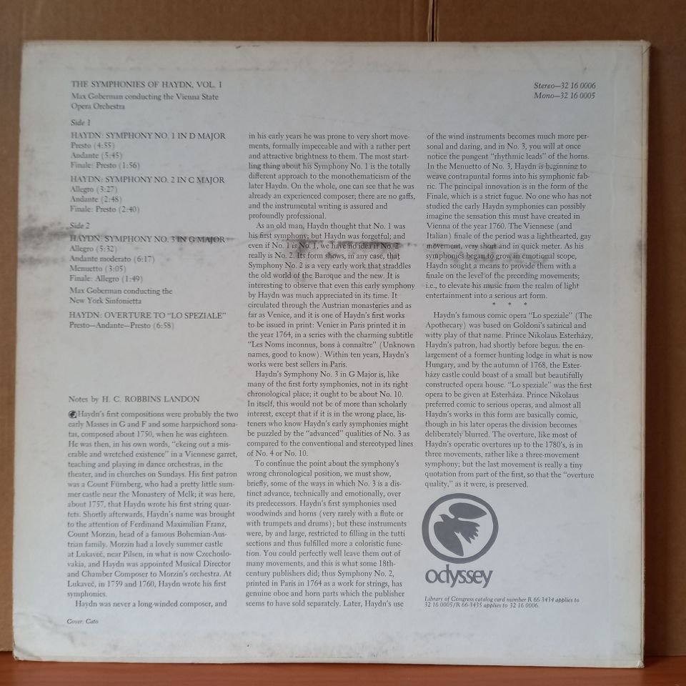 THE SYMPHONIES OF HAYDN VOL. 1 / SYMPHONY NO. 1 IN D, SYMPHONY NO. 2 IN C, SYMPHONY NO. 3 IN G, OVERTURE TO ''LO SPEZIALE'' / MAX GOBERMAN CONDUCTING THE VIENNA STATE OPERA ORCHESTRA (1967) - LP 2.EL PLAK