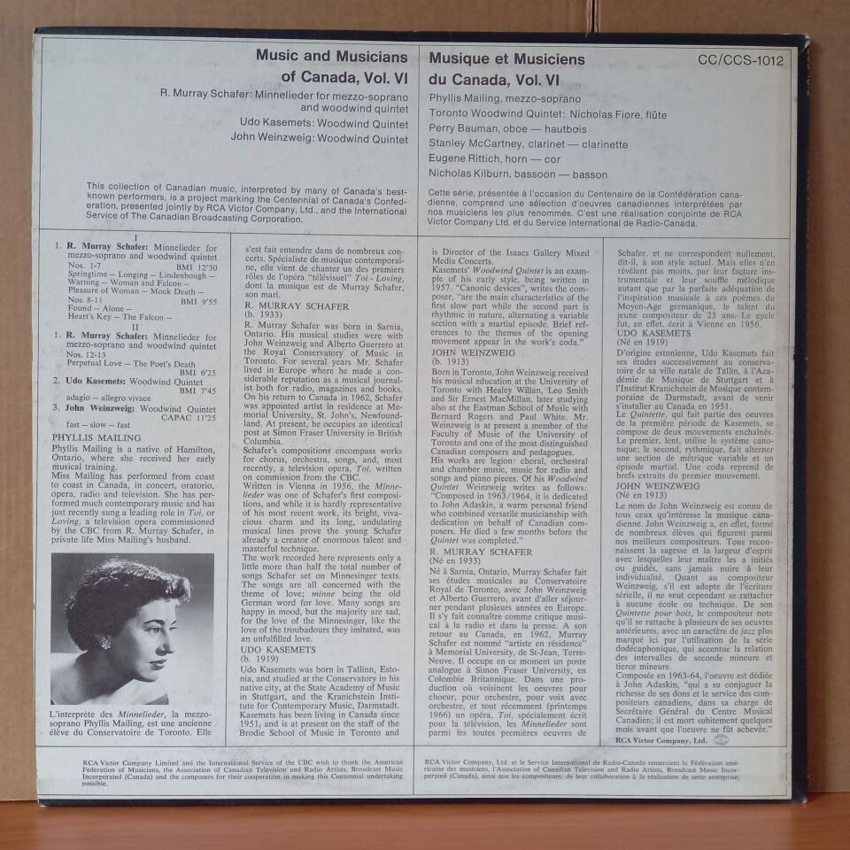 MUSIC AND MUSICIANS OF CANADA CENTENNIAL EDITION VOL VI R. MURRAY SCHAFER, JOHN WEINZWEIG, UDO KASEMETS, PHYLLIS MAILING, TORONTO WOODWIND QUINTET (1967) - LP 2.EL PLAK