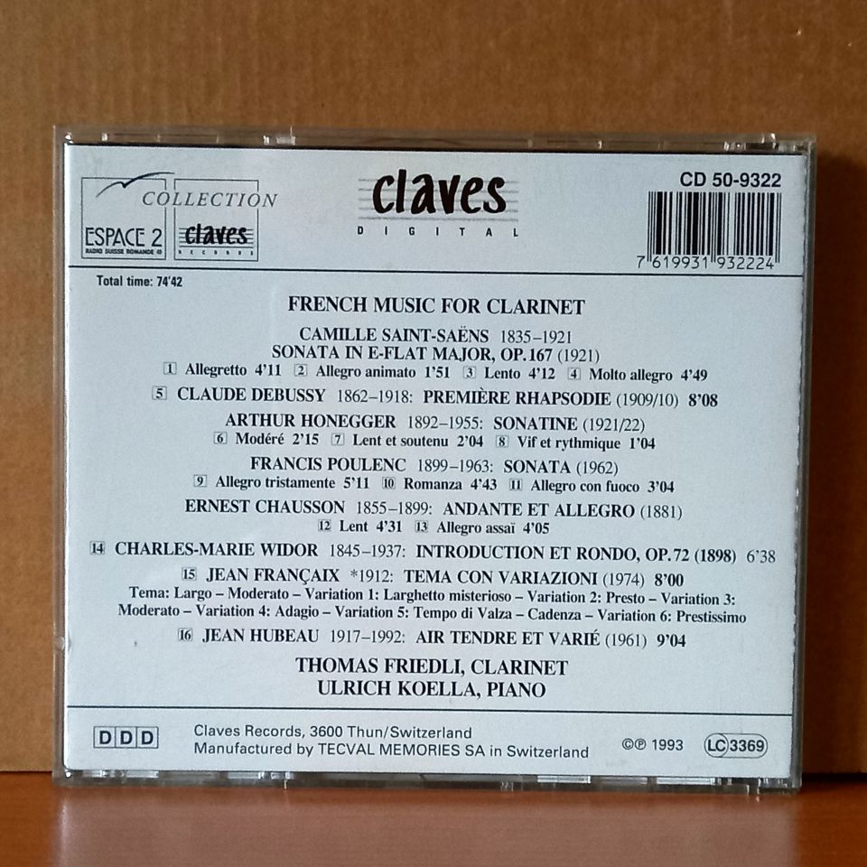 FRENCH MUSIC FOR CLARINET / SAINT-SAENS, DEBUSSY, POULENC, WIDOR, HONEGGER / THOMAS FRIEDLI, ULRICH KOELLA (1993) - CD 2.EL