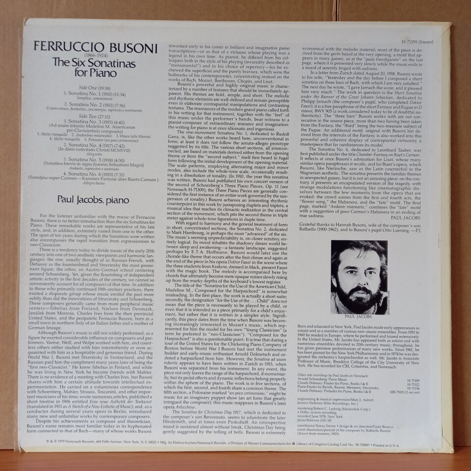FERRUCCIO BUSONI: THE SIX SONATINAS FOR PIANO / PAUL JACOBS (1979) - LP 2.EL PLAK