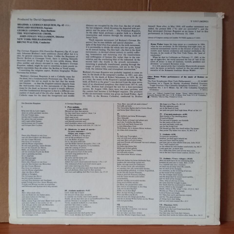 BRAHMS: A GERMAN REQUIEM / BRUNO WALTER / NEW YORK PHILHARMONIC, IRMGARD SEEFRIED • GEORGE LONDON • THE WESTMINSTER CHOIR (1971) - LP 2.EL PLAK