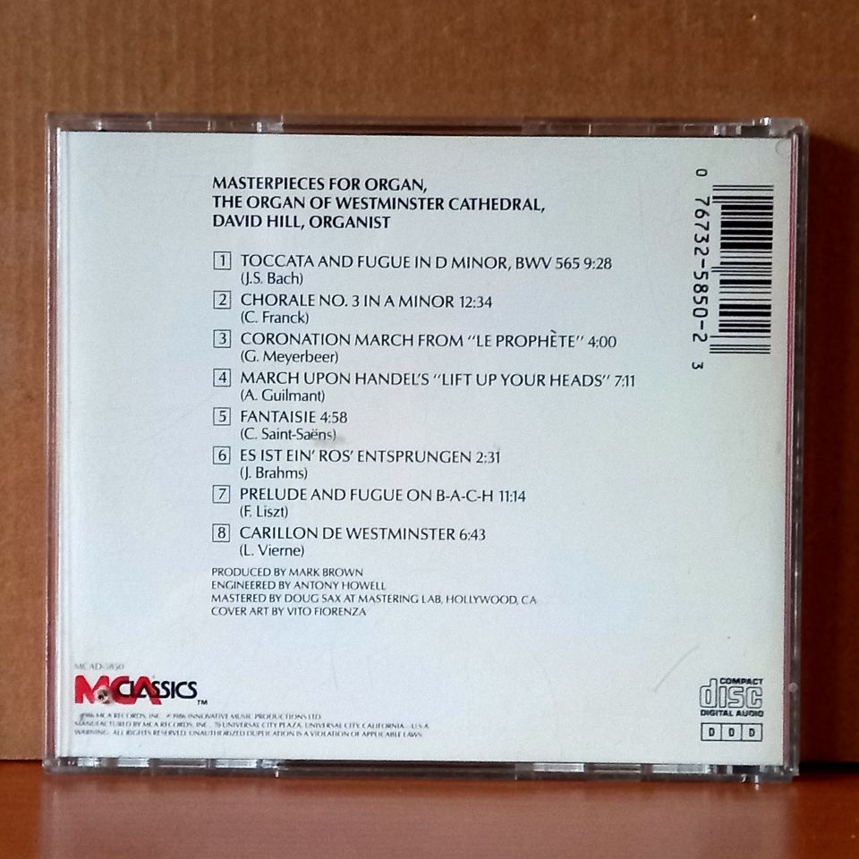 DAVID HILL – MASTERPIECES FOR ORGAN - THE ORGAN OF WESTMINSTER CATHEDRAL / BACH, MEYERBEER, FRANCK, SAINT-SEANS, BRAHMS, LISZT (1986) - CD 2.EL