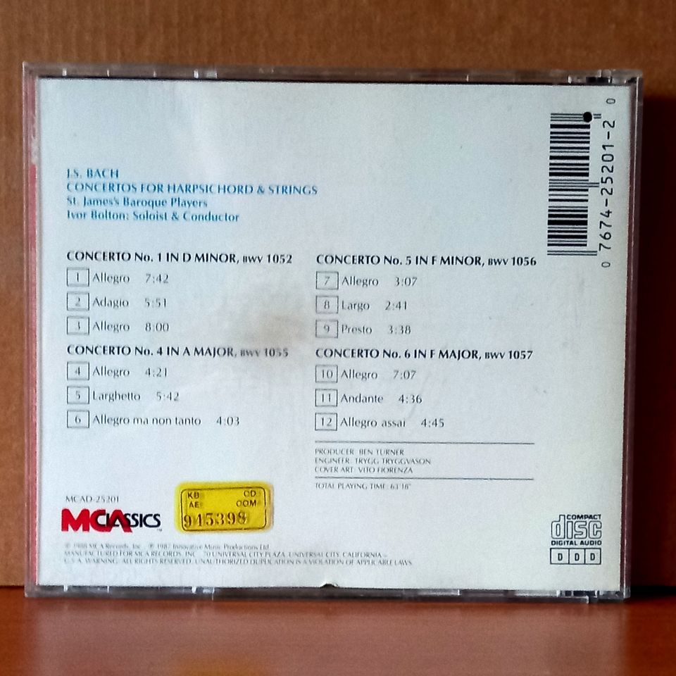 BACH: CONCERTOS FOR HARPSICHORD & STRINGS / ST. JAMES'S BAROQUE PLAYERS, IVOR BOLTON (1988) - CD 2.EL
