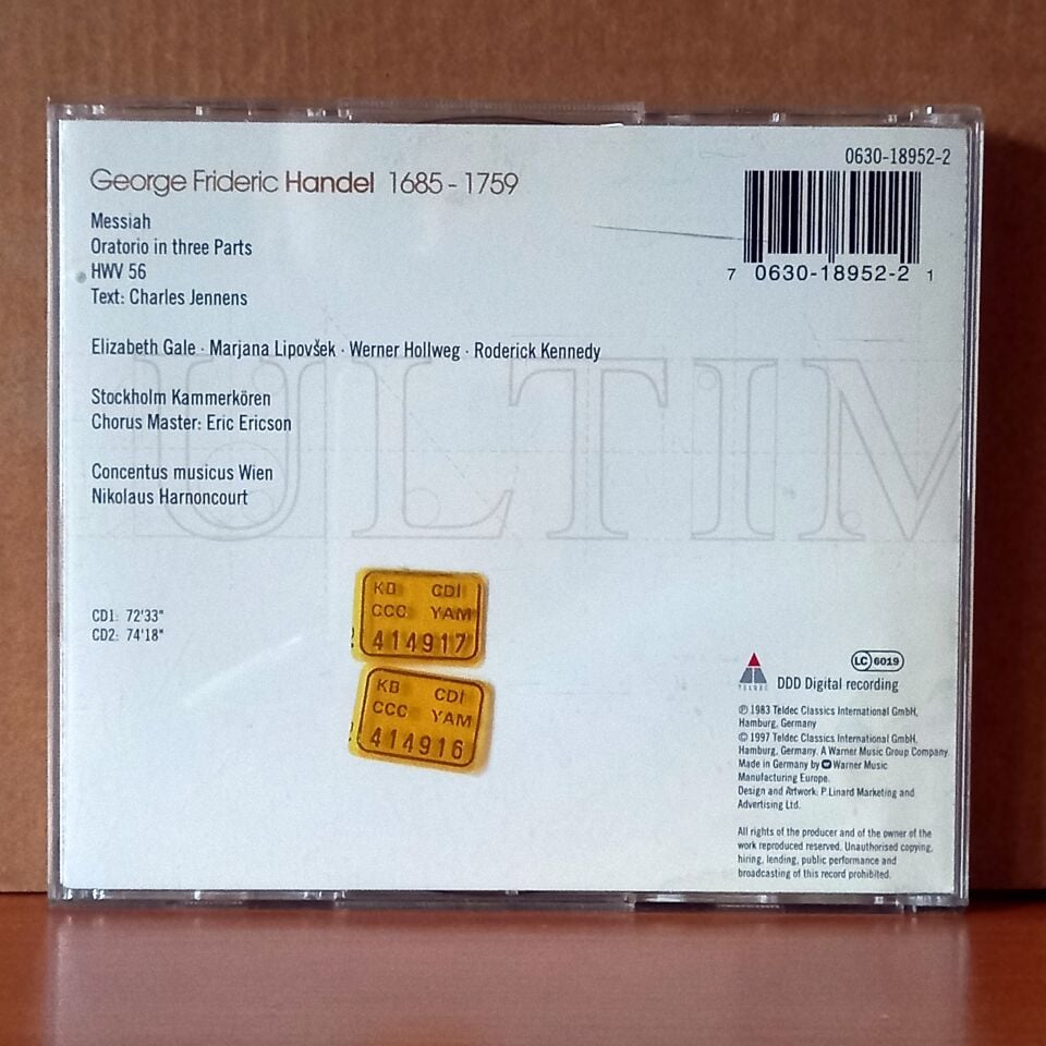 HANDEL: MESSIAH / STOCKHOLM KAMMERKÖREN, CONCENTUS MUSICUS WIEN, HARNONCOURT (1997) - 2CD 2.EL