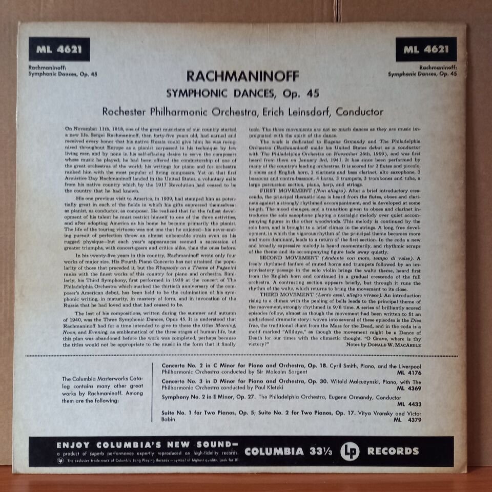 RACHMANINOFF: SYMPHONIC DANCES, OPUS 45 / ROCHESTER PHILHARMONIC ORCHESTRA, ERICH LEINSDORF - LP 2.EL PLAK