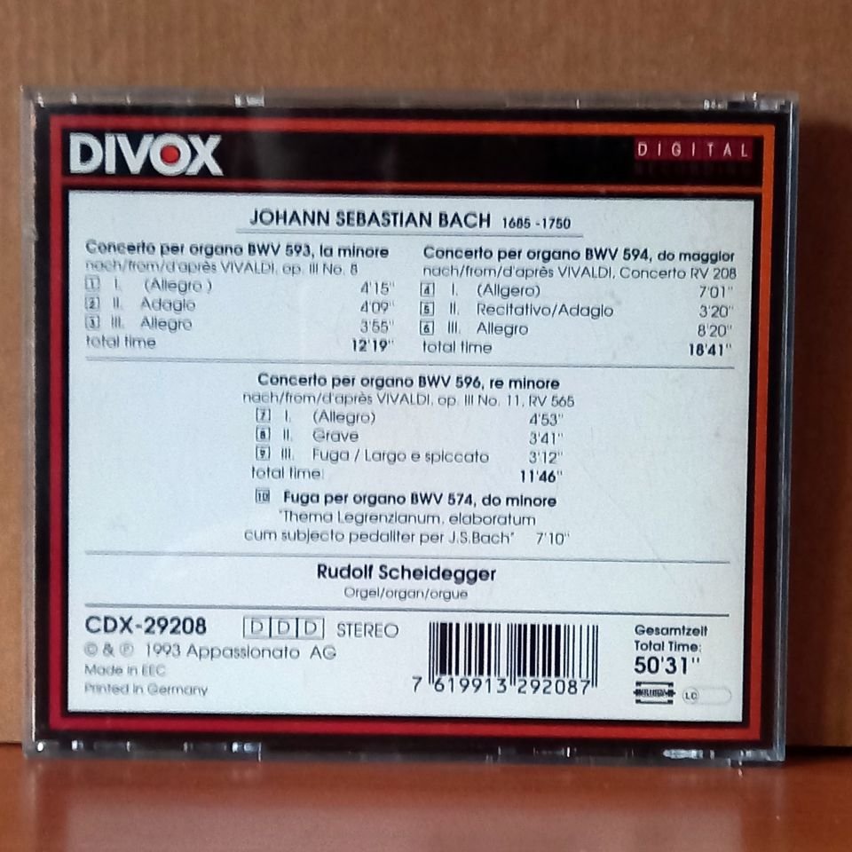 JOHANN SEBASTIAN BACH / 3 KONZERTE FUER ORGEL SOLO / RUDOLF SCHEIDEGGER (1993) - CD 2.EL