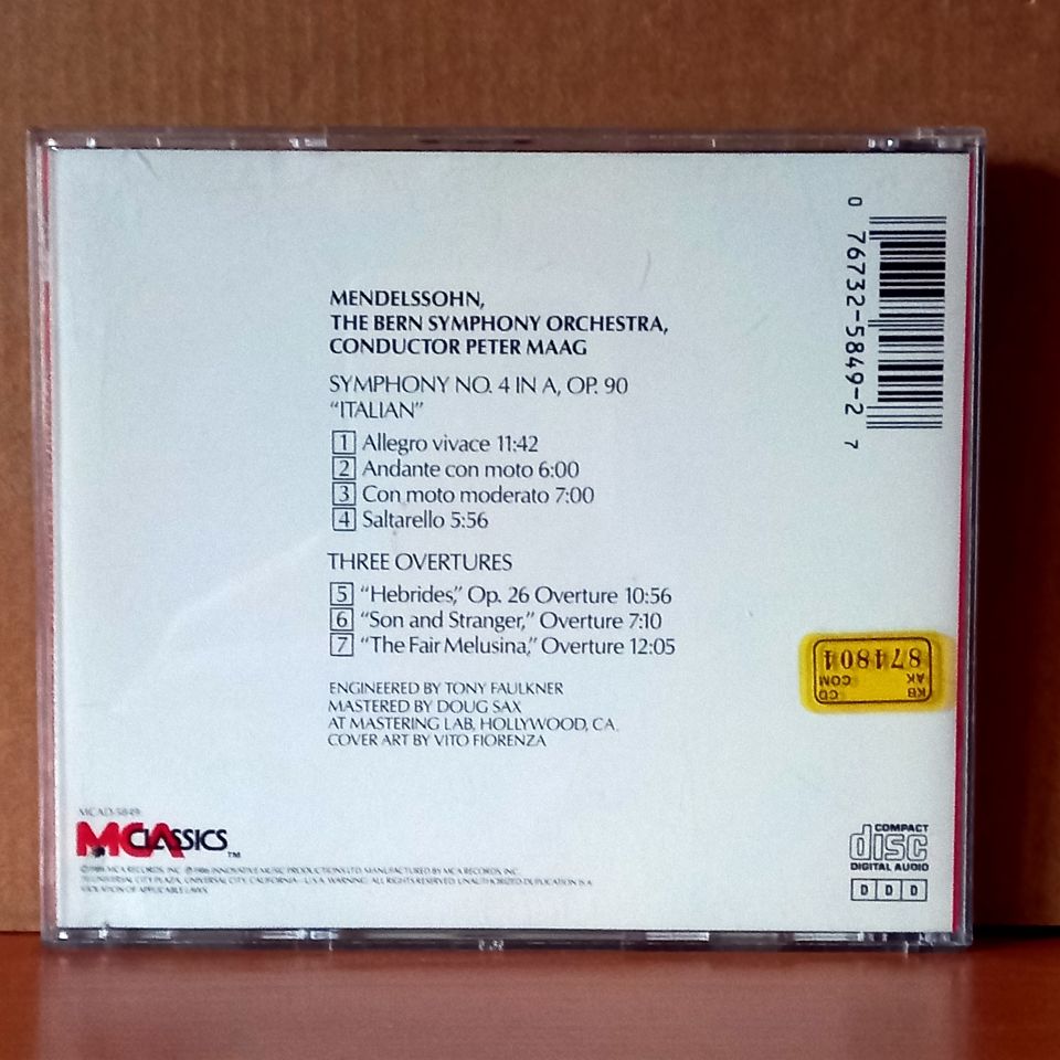 MENDELSSOHN: SYMPHONY NO. 4 'ITALIAN' / THREE OVERTURES: 'HEBRIDES' 'SON AND STRANGER' 'THE FAIR MELUSINA' / THE BERN SYMPHONY ORCHESTRA, PETER MAAG (1986) - CD 2.EL