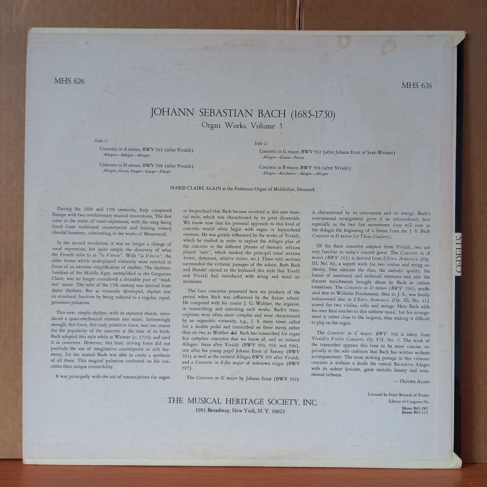 THE ORGAN WORKS OF JOHANN SEBASTIAN BACH [VOLUME 5] / FOUR ORGAN CONCERTI / MARIE-CLAIRE ALAIN - LP 2.EL PLAK