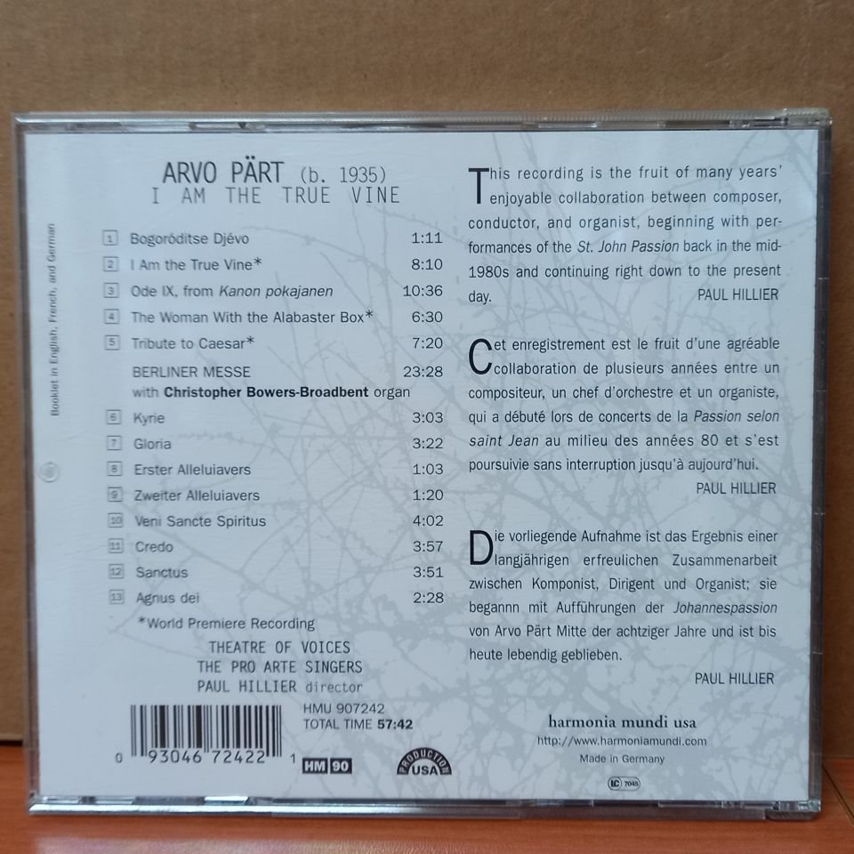 ARVO PART - I AM THE TRUE VINE / THEATRE OF VOICES / HILLER (1999) - CD 2.EL