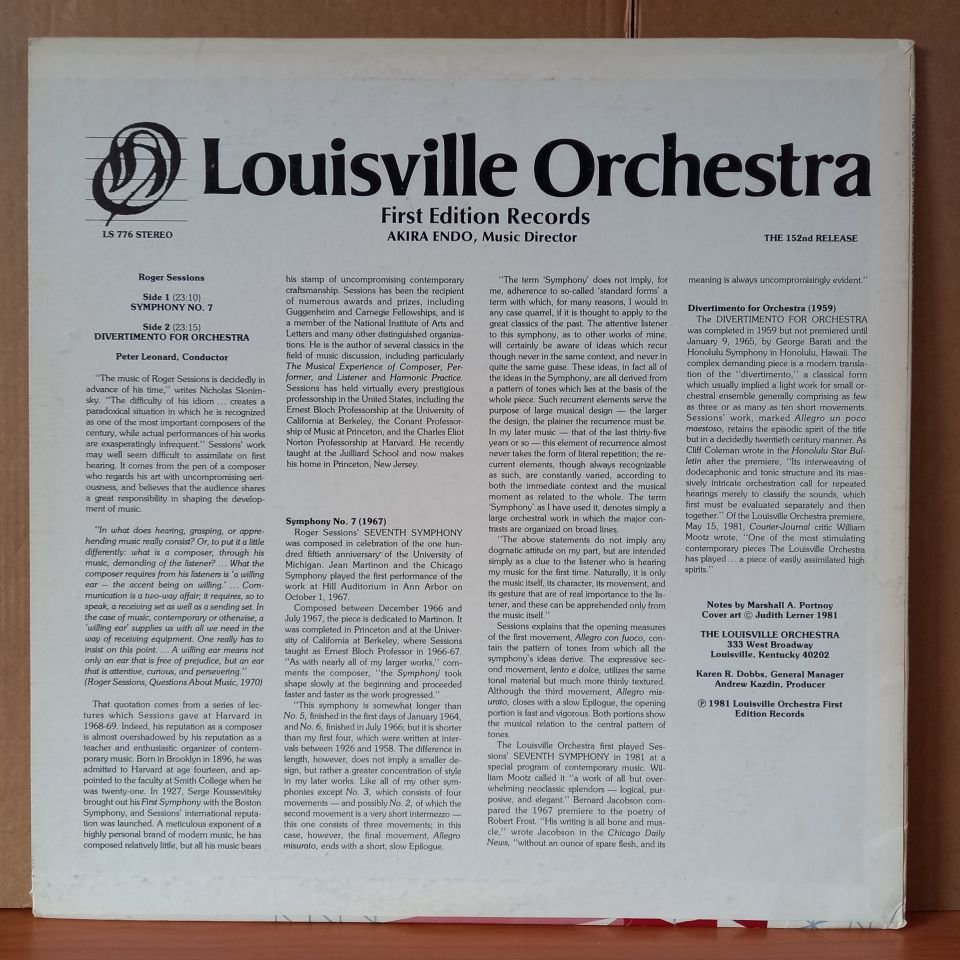 ROGER SESSIONS: SYMPHONY NO. 7 / DIVERTIMENTO FOR ORCHESTRA / THE LOUISVILLE ORCHESTRA, PETER LEONARD (1981) - LP 2.EL PLAK