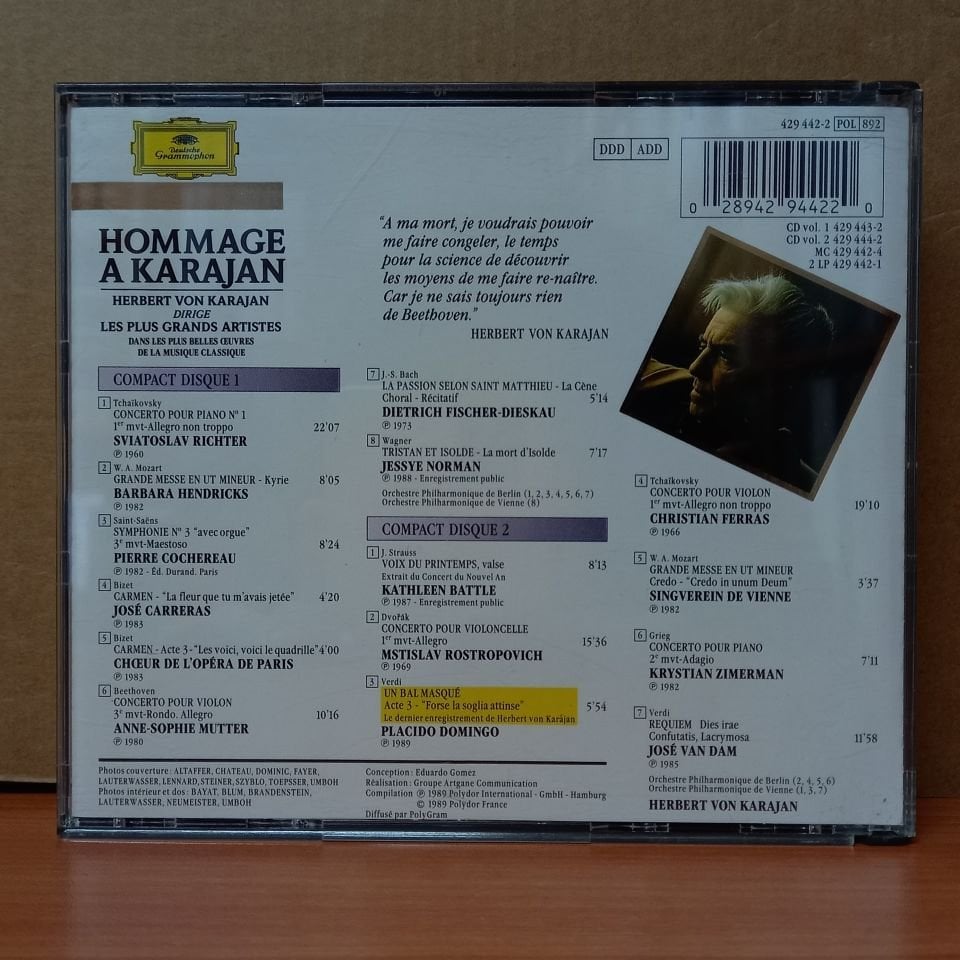 HOMMAGE A KARAJAN, HERBERT VON KARAJAN - LES PLUS GRANDS ARTISTES (1989) - 2CD 2.EL