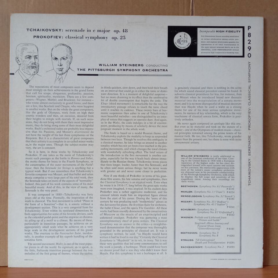 TCHAIKOVSKY: SERENADE IN C MAJOR OP. 48 / PROKOFIEV: CLASSICAL SYMPHONY OP. 25 / THE PITTSBURGH SYMPHONY ORCHESTRA CONDUCTED BY WILLIAM STEINBERG (1958) - LP 2.EL PLAK