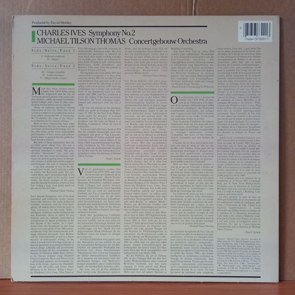 CHARLES IVES: SYMPHONY NO. 2 / MICHAEL TILSON THOMAS, CONCERTGEBOUW ORCHESTRA (1982) - LP 2.EL PLAK