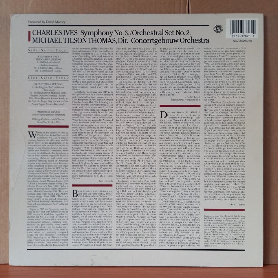 CHARLES IVES: SYMPHONY NO. 3 / ORCHESTRAL SET NO. 2 / CONCERTGEBOUW CHORUS, GEERT VAN KEULEN / CONCERTGEBOUW ORCHESTRA, MICHAEL TILSON THOMAS (1985) - LP 2.EL PLAK