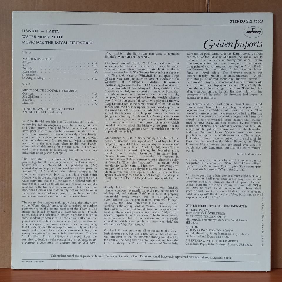 HANDEL-HARTY: WATER MUSIC SUITE · MUSIC FOR THE ROYAL FIREWORKS / LONDON SYMPHONY ORCHESTRA, ANTAL DORATI (1973) - LP 2.EL PLAK
