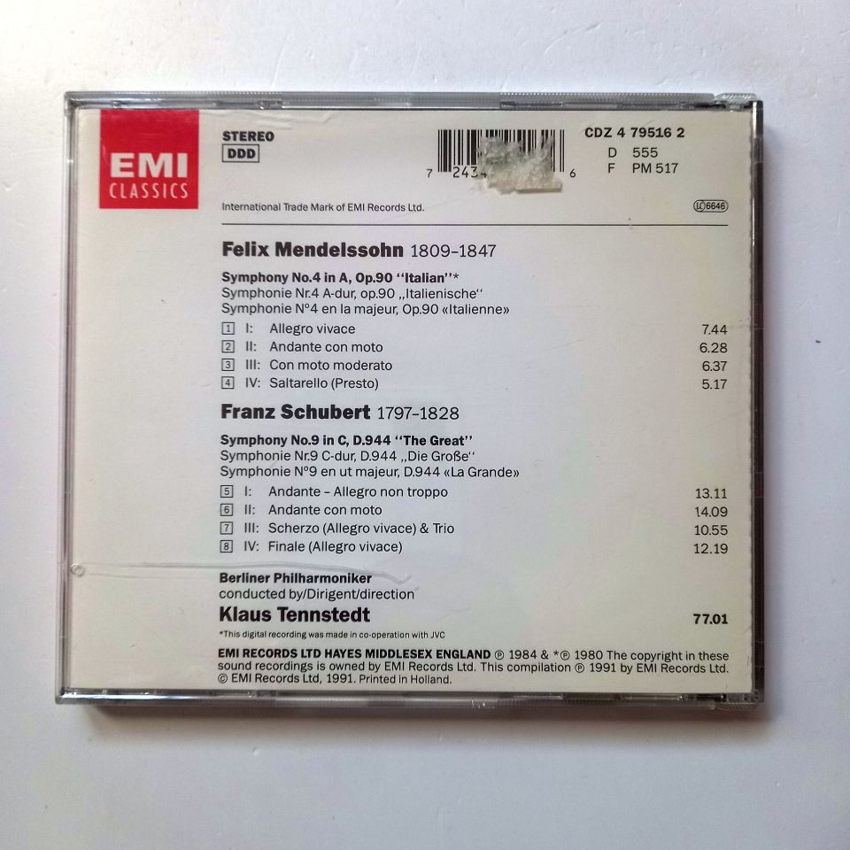 SCHUBERT: SYMPHONY NO. 9 'THE GREAT' / MENDELSSOHN: SYMPHONY NO. 4 'ITALIAN' / BERLINER PHILHARMONIKER, KLAUS TENNSTEDT (1991) - CD 2.EL