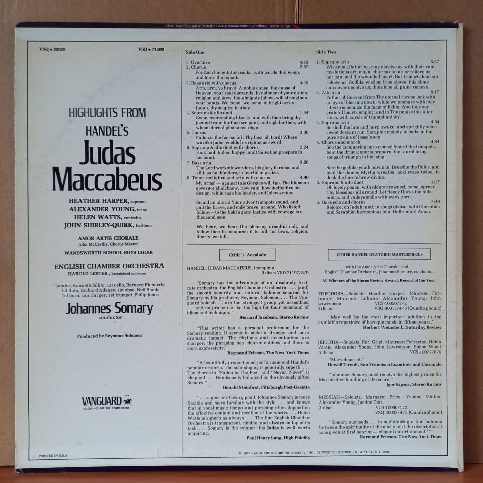 HIGHLIGHTS FROM HANDEL'S ''JUDAS MACCABEUS'' / JOHANNES SOMARY, ENGLISH CHAMBER ORCHESTRA, HEATHER HARPER, ALEXANDER YOUNG, HELEN WATTS, JOHN SHIRLEY-QUIRK, AMOR ARTIS CHORALE (1974) - LP 2.EL PLAK