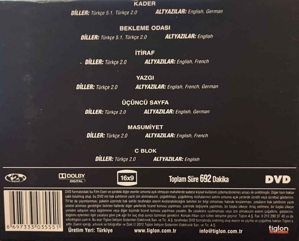 ZEKİ DEMİRKUBUZ FİLMLERİ - 7 FİLM 7 DVD BOX SET 2.EL - KADER, MASUMİYET, C BLOK, YAZGI, ÜÇÜNCÜ SAYFA, İTİRAF, BEKLEME ODASI