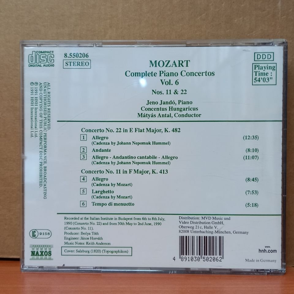 MOZART - COMPLETE PIANO CONCERTOS VOL.6 / NO.11, K.413, NO.22, K.482 / JENO JANDO, PIANO CONCENTUS HUNGARICUS MATYA ANTAL, CONDUCTOR (1991) - CD 2.EL