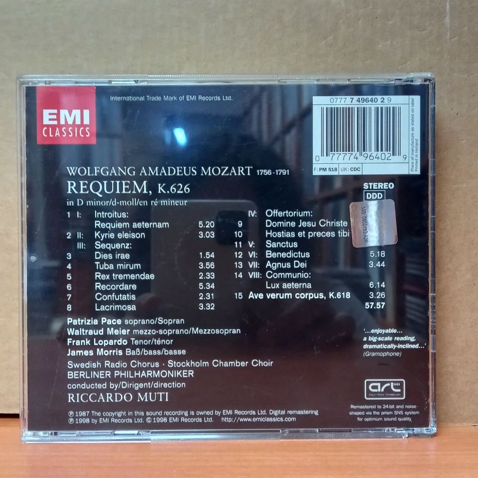 MOZART - REQUIEM / AVE VERUM CORPUS / BERLINER PHILHARMONIKER, RICCARDO MUTI / PACE, MEIER, LOPARDO, MORRIS, SWEDISH RADIO CHORUS, STOCKHOLM CHAMBER CHOIR (1998) - CD 2.EL