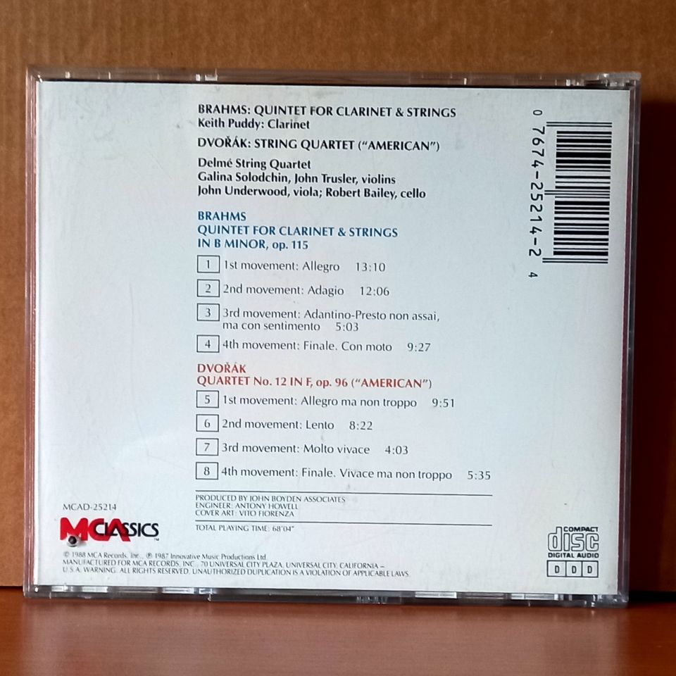 BRAHMS: QUINTET FOR CLARINET & STRINGS / DVORAK: STRING QUARTET NO. 12 'AMERICAN' / KEITH PUDDY, THE DELME STRING QUARTET (1987) - CD 2.EL
