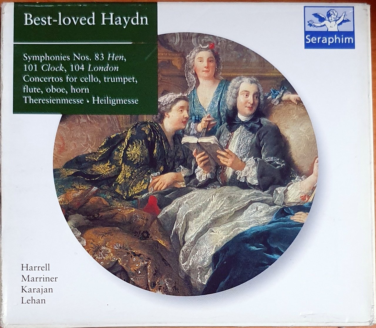 BEST LOVED HAYDN / SYMPHONIES NOS. 83 HEN, 101 CLOCK, 104 LONDON CONCERTOS FOR CELLO, TRUMPET, FLUTE, OBOE, HORN / HARRELL, MARRINER, KARAJAN, LEHAN (1995) - 4CD SERAPHIM BOX SET 2.EL