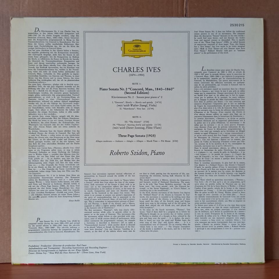 CHARLES IVES: PIANO SONATA NO. 2 ''CONCORD, MASS., 1840-1860'' • THREE PAGE SONATA / ROBERTO SZIDON, WALTER STANGL • DIETER SONNTAG (1972) - LP 2.EL PLAK