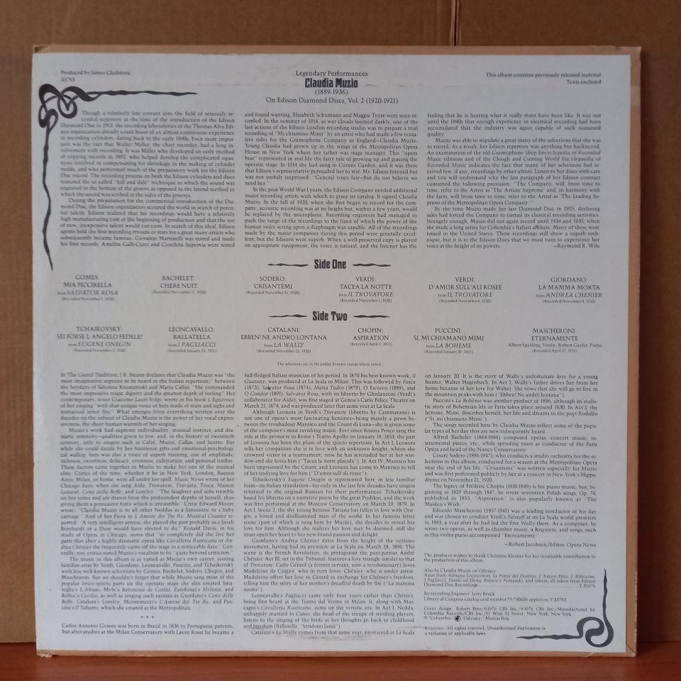 CLAUDIA MUZIO – ON EDISON DIAMOND DISCS, VOL. 2 1920-1921 (1976) - LP 2.EL PLAK
