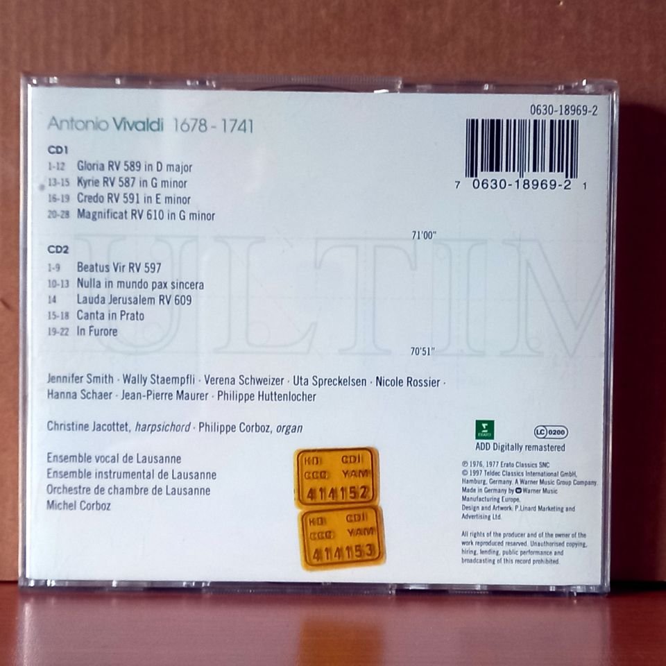 VIVALDI: SACRED WORKS / GLORIA, MAGNIFICAT, KYRIE, CREDO, BEATUS VIR, NULLA IN MUNDO PAX, LAUDA JERUSALEM, CANTA IN PRATO / CORBOZ, ENSEMBLE VOCAL & INSTRUMENTAL DE LAUSANNE (1997) - 2CD 2.EL