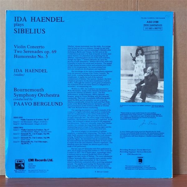 IDA HAENDEL PLAYS SIBELIUS, BOURNEMOUTH SYMPHONY ORCHESTRA, PAAVO BERGLUND – VIOLIN CONCERTO / TWO SERENADES / HUMORESKE NO.5 - LP 2.EL YERLİ BASKI PLAK