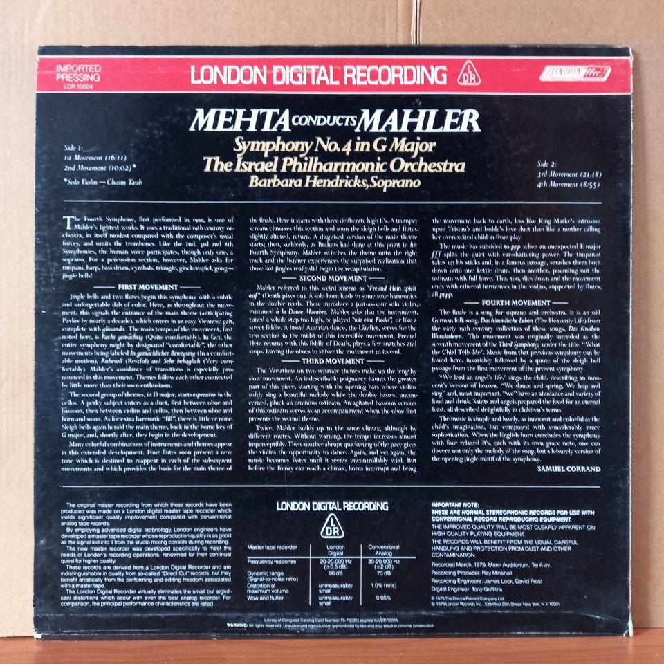 MEHTA CONDUCTS MAHLER / SYMPHONY NO. 4 IN G MAJOR / THE ISRAEL PHILHARMONIC ORCHESTRA, BARBARA HENDRICKS (1979) - LP 2.EL PLAK