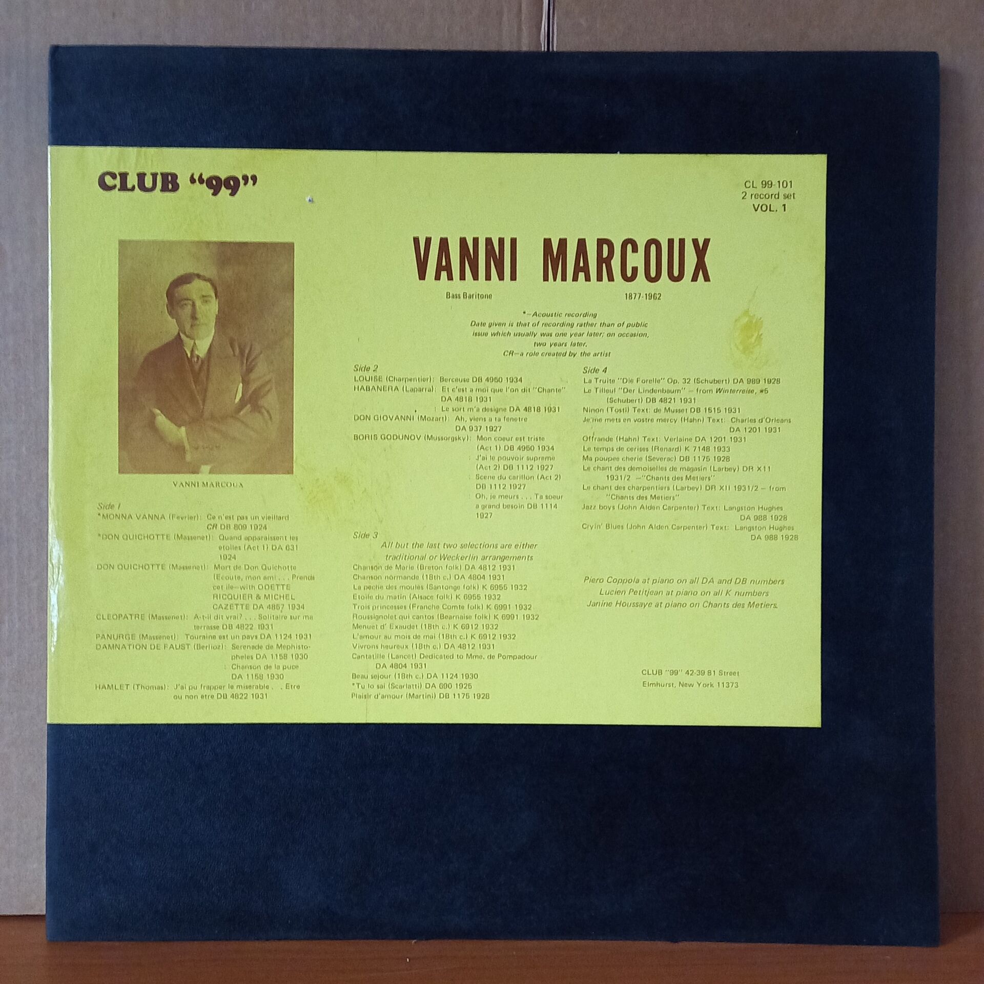 VANNI MARCOUX – VANNI MARCOUX - VOL. 1 / MASSENET, BERLIOZ, MOZART, MUSSORGSKY, SCHUBERT - 2LP 2.EL PLAK