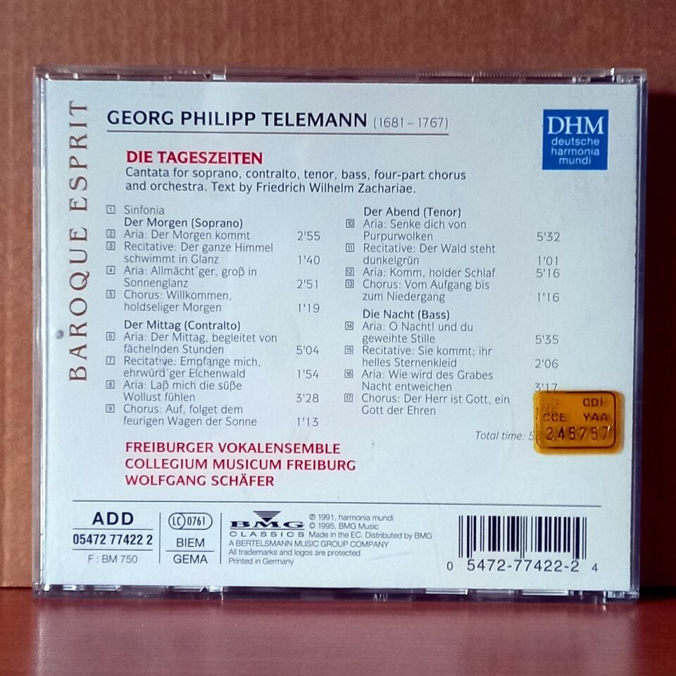 GEORG PHILIPP TELEMANN: DIE TAGESZEITEN / FREIBURGER VOKALENSEMBLE, COLLEGIUM MUSICUM FREIBURG, WOLFGANG SCHAFER (1995) - CD 2.EL