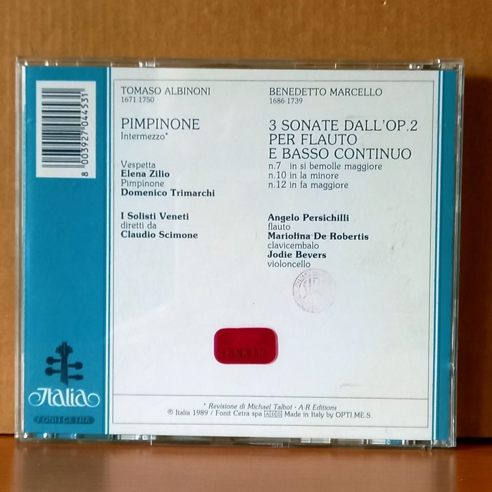 TOMASO ALBINONI: PIMPINONE / ELENA ZILIO, DOMENICO TRIMARCHI, I SOLISTI VENETI DIRETTI DA CLAUDIO SCIMONE / BENEDATTO MARCELLO: TRE SONATE DALL'OP.2 E BASSO CONTINUO / PERSICHILLI, DE ROBERTIS, BEVERS (1989) - CD 2.EL