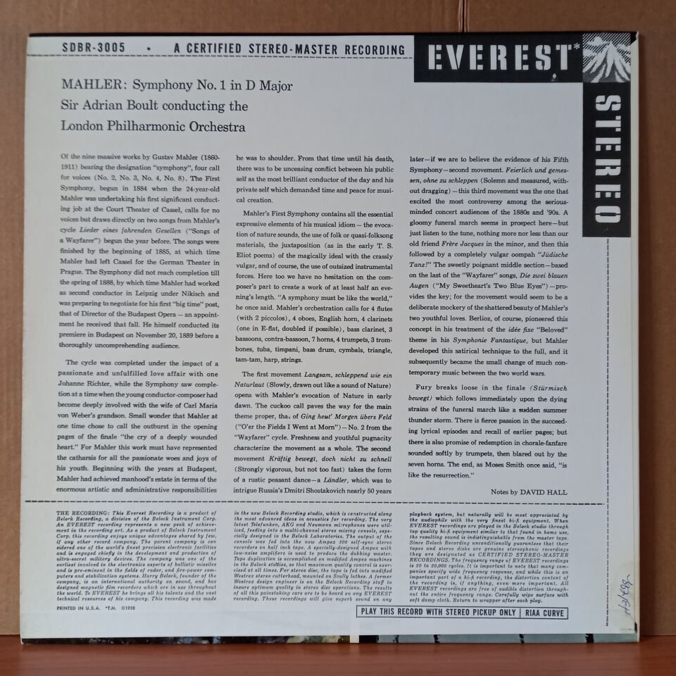MAHLER: SYMPHONY NO. 1 IN D MAJOR / SIR ADRIAN BOULT CONDUCTING THE LONDON PHILHARMONIC ORCHESTRA (1958) - LP 2.EL PLAK
