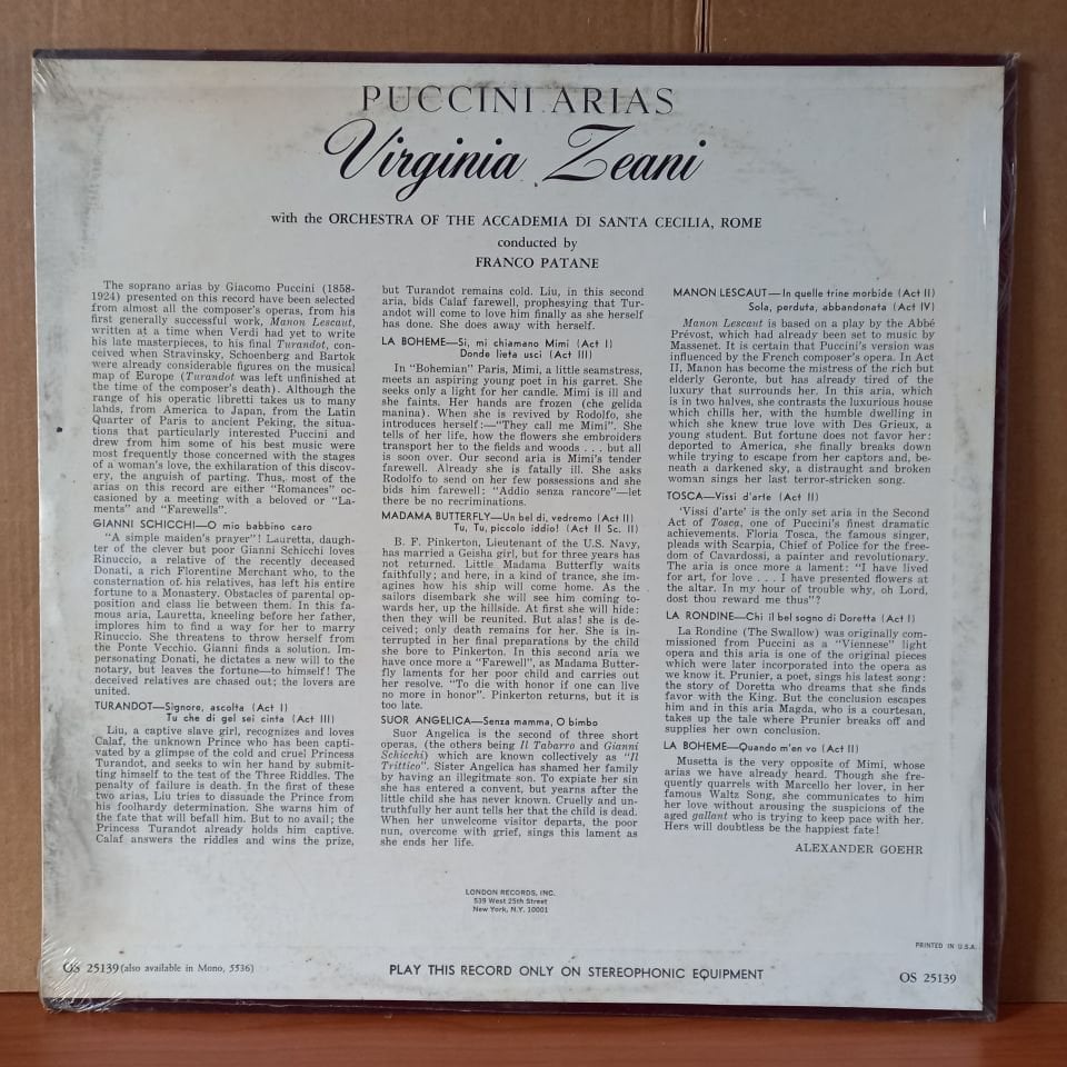 VIRGINIA ZEANI – PUCCINI ARIAS (1958) - LP DÖNEM BASKISI SIFIR PLAK