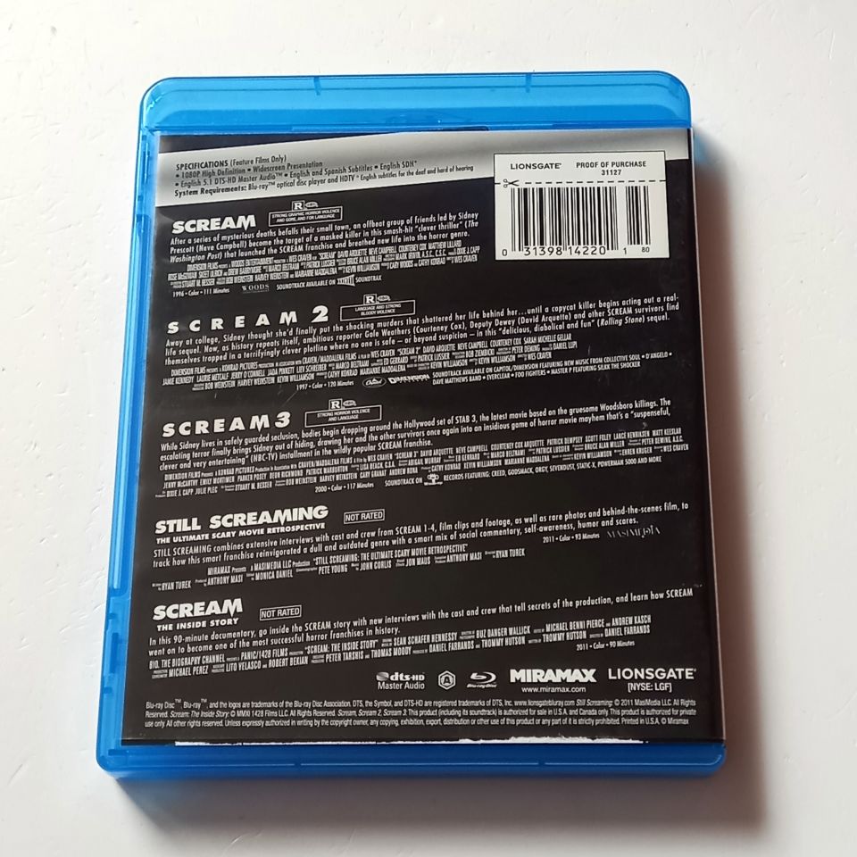 SCREAM 5-FILM SET: SCREAM 1, 2, 3 + RETROSPECTIVE, DOCUMENTARY - 4 DİSK BLU-RAY REGION A 2.EL TR ALTYAZI YOKTUR