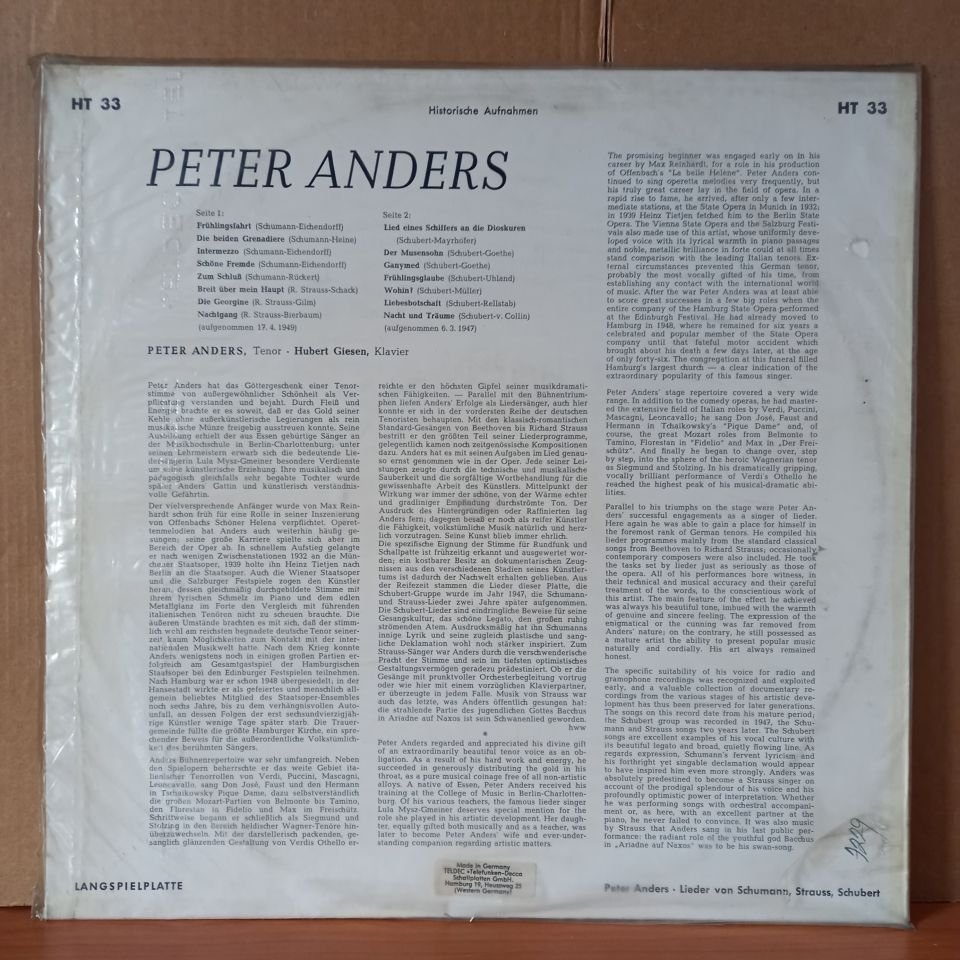 PETER ANDERS / LIEDER VON SCHUMANN, STRAUSS, SCHUBERT / HISTORISCHE AUFNAHME /1947 UND 1949 - LP DÖNEM BASKISI SIFIR PLAK