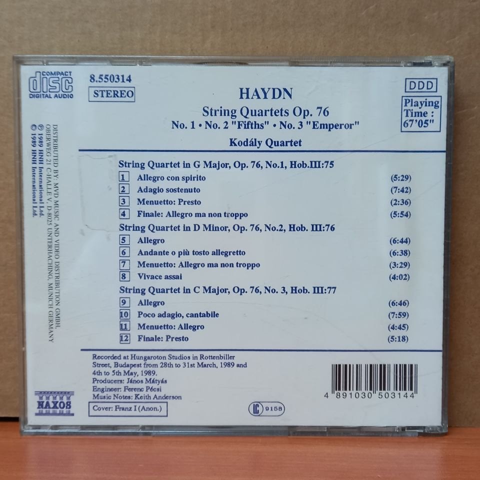 HAYDN, KODÁLY QUARTET - STRING QUARTETS OP. 76 / NO. 1, NO. 2 'FIFTHS', NO. 3 'EMPEROR' (1989) - CD 2.EL