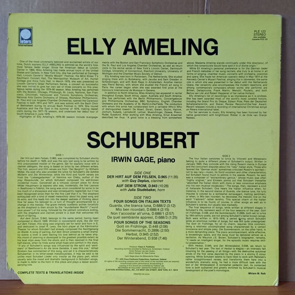 ELLY AMELING / SCHUBERT: DER HIRT AUF DEM FELSEN / IRWIN GAGE: PIANO (1979) - 2LP 2.EL PLAK