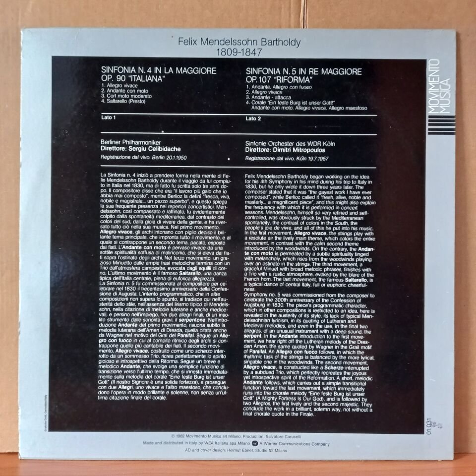 MENDELSSOHN: SINFONIE N.4 - N.5 / ITALIANA, RIFORMA / CELIBIDACHE, MITROPOULOS (1982) - LP 2.EL PLAK