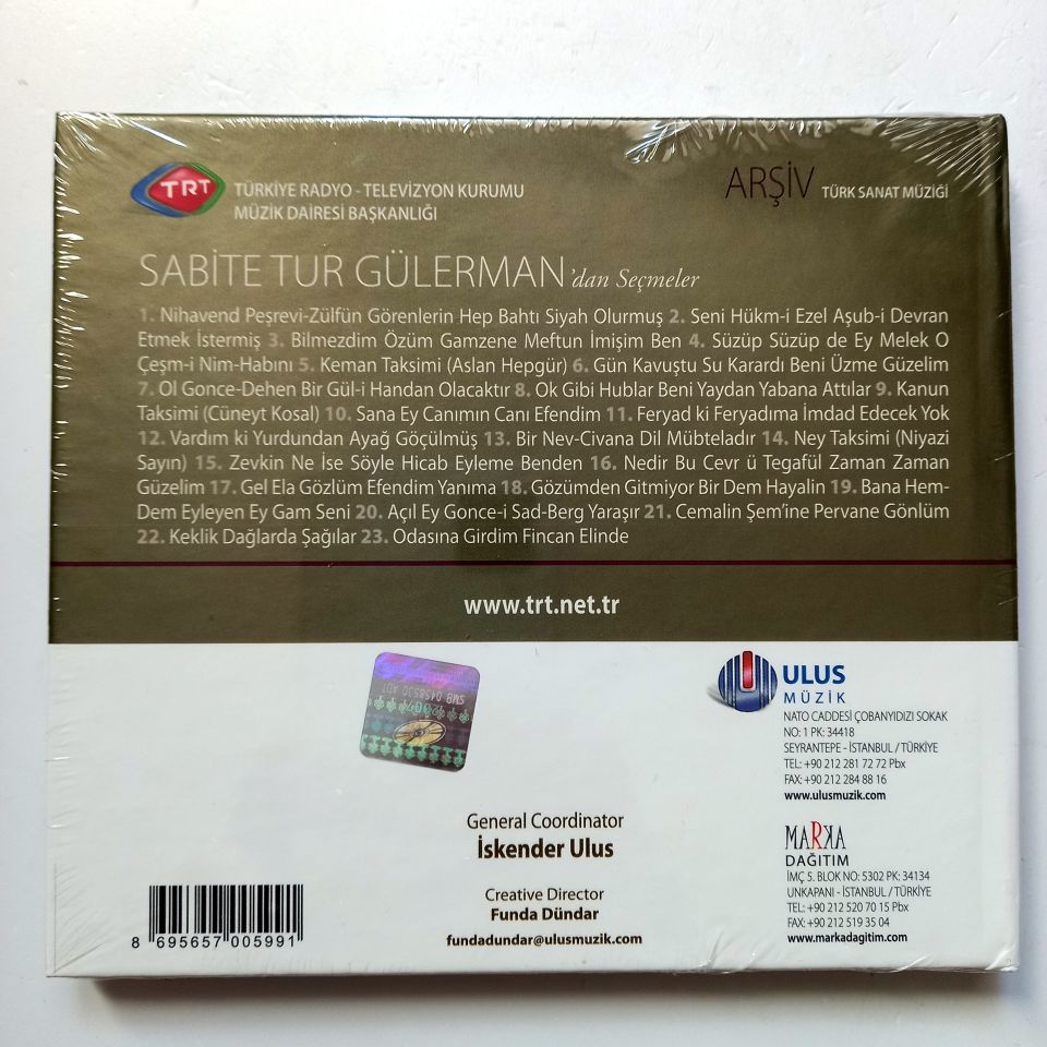 SABİTE TUR GÜLERMAN'DAN SEÇMELER / TÜRK SANAT MÜZİĞİ / TRT ARŞİV SERİSİ 69 - CD SIFIR