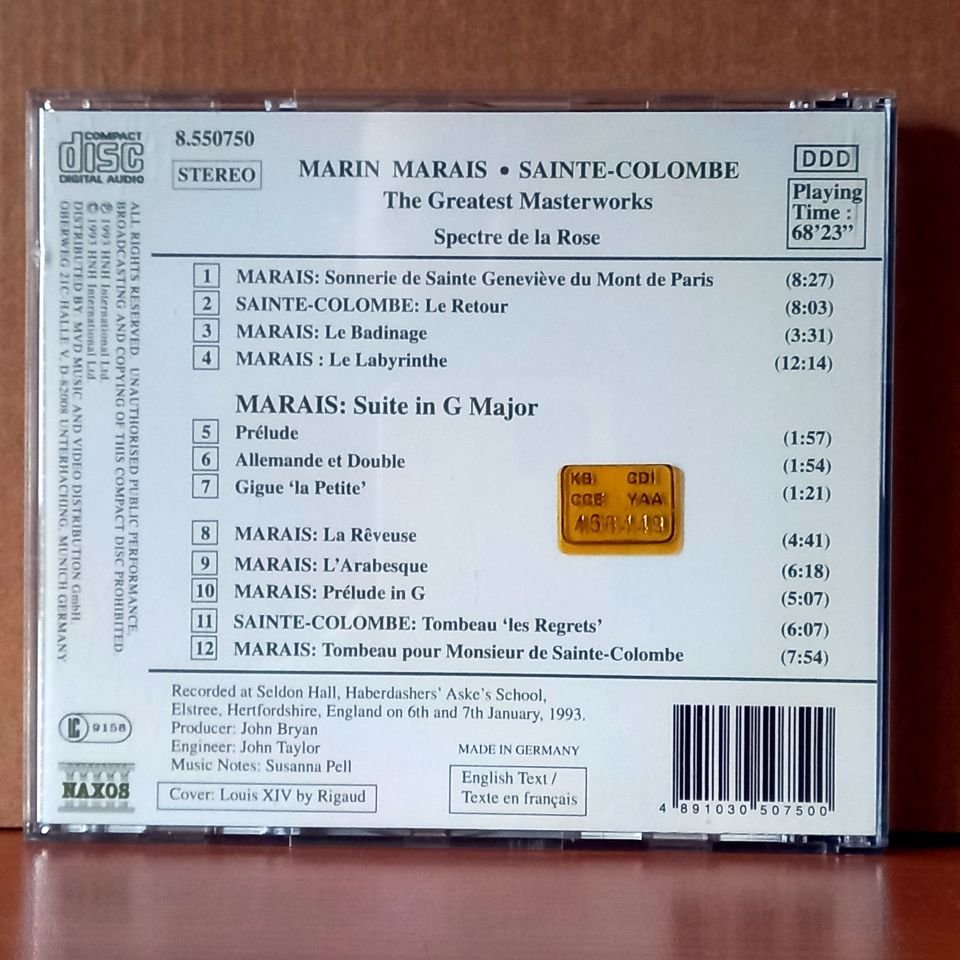 MARIN MARAIS / SAINTE-COLOMBE: THE GREATEST MASTERWORKS / LES PLUS GRANDS CHEFS-D'OEUVRE / SPECTRE DE LA ROSE (1993) - CD 2.EL