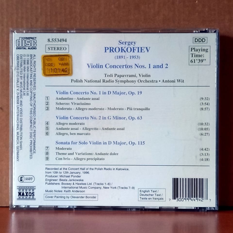 PROKOFIEV: VIOLIN CONCERTOS NOS. 1 AND 2 SONATA FOR SOLO VIOLIN / TEDI PAPAVRAMI, POLISH NATIONAL RADIO SYMPHONY ORCHESTRA, ANTONI WIT (1996) - CD 2.EL